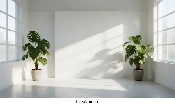 Bright Modern Room with Large Windows and Monstera Plants
