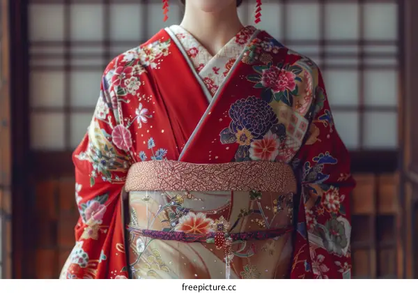 A woman wearing a red kimono with floral patterns