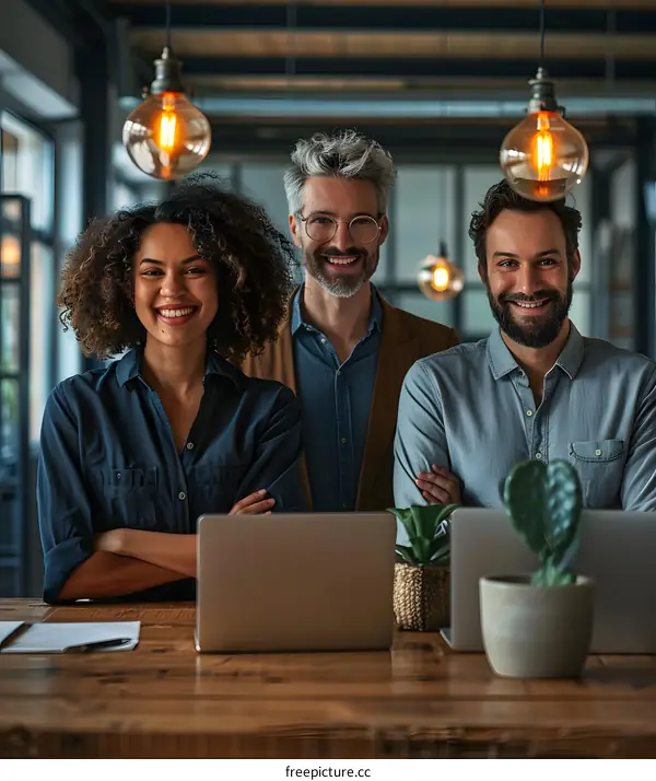Three smiling business people standing in an office