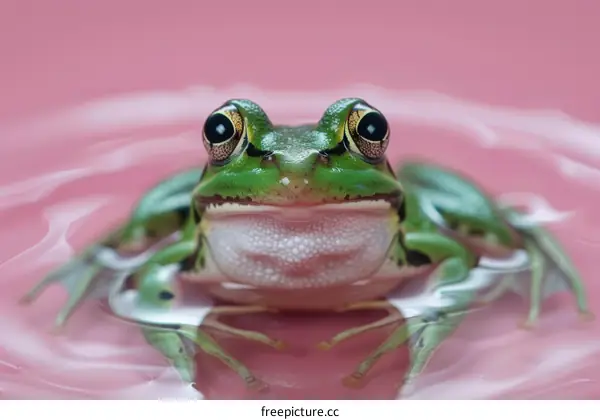 A green frog floats in a pink liquid