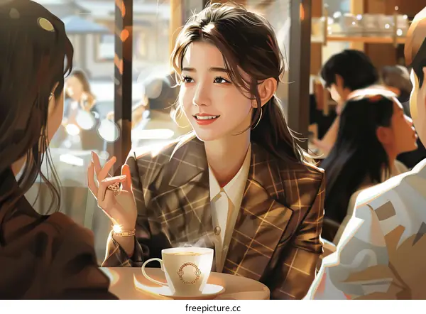 A group of friends chatting and laughing in a cafe