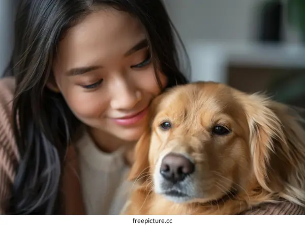 A young Asian woman is hugging a golden retriever dog