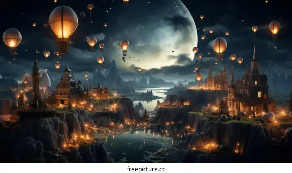 Fantasy world with floating islands and hot air balloons