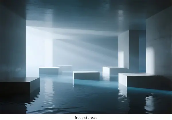 Minimalist Indoor Pool with Geometric Platforms and Sunlight