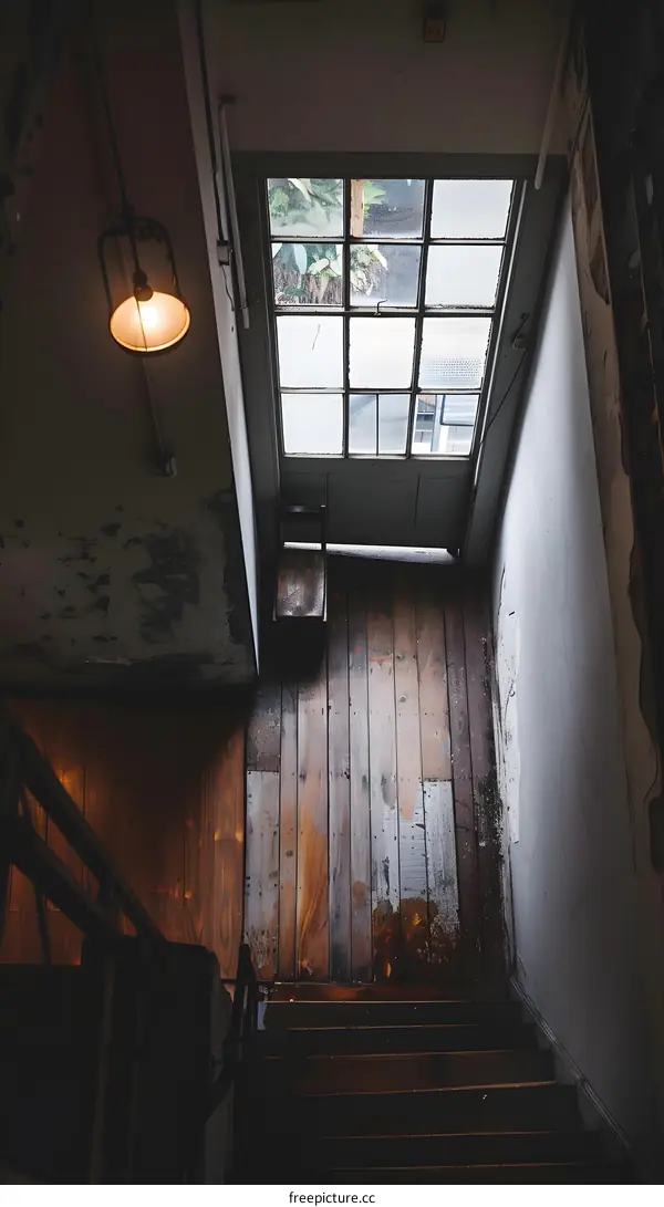 Vintage Wooden Staircase with Light Fixture and Window