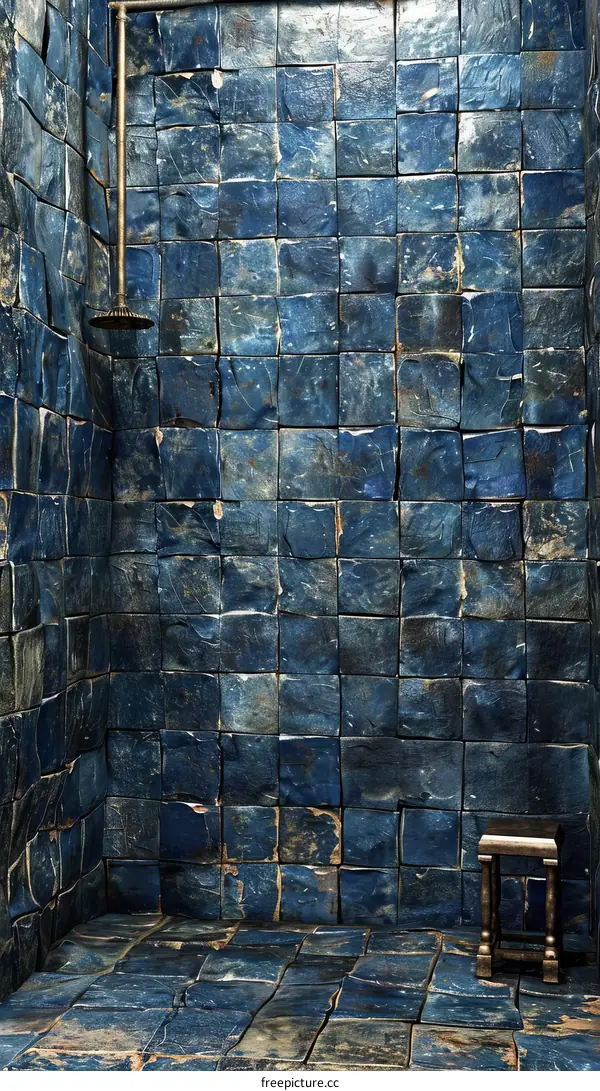 Blue ceramic tiles in shower room with small wooden stool