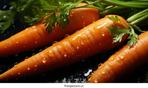 Fresh carrots with green leaves on a black background
