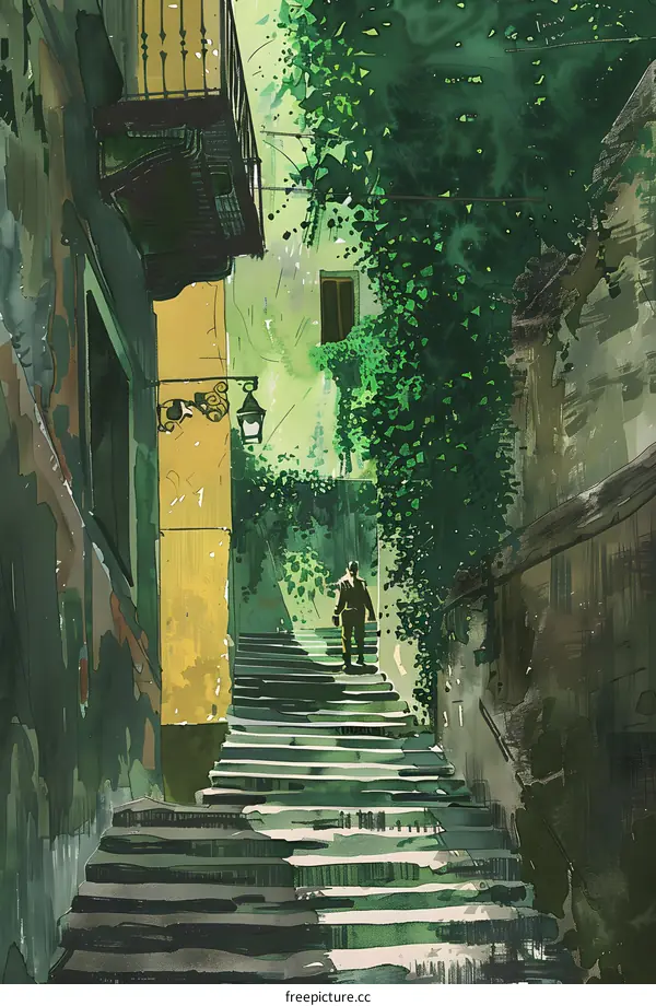 Man Walking Up Stairs In A Green Alleyway
