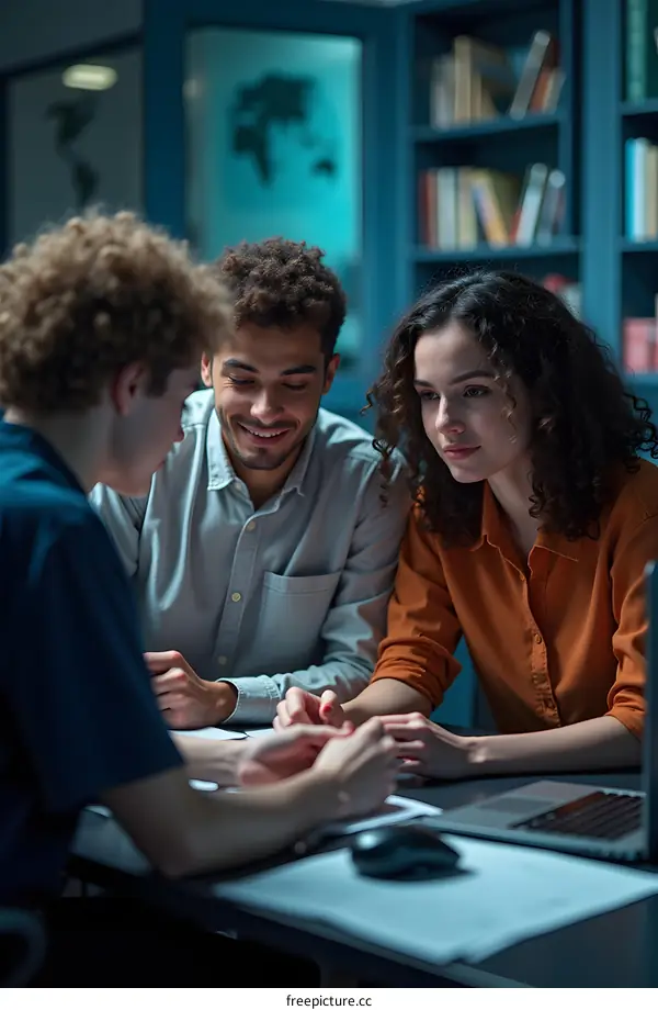 Three People Sitting at a Desk Talking and Looking at Papers