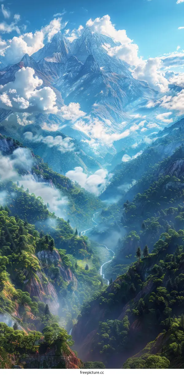 Fantasy landscape with mountains, river and clouds