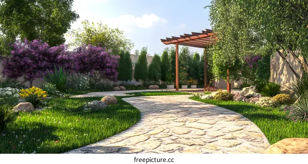 Stone Pathway Leading to Wooden Pergola in Lush Garden