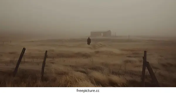 Lonely Figure in a Foggy Field with a Small Wooden Building