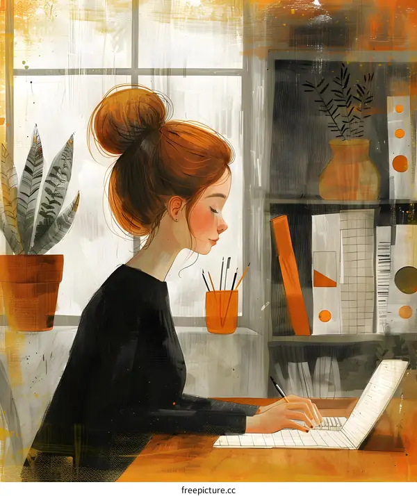 redhead woman writing in notebook by window