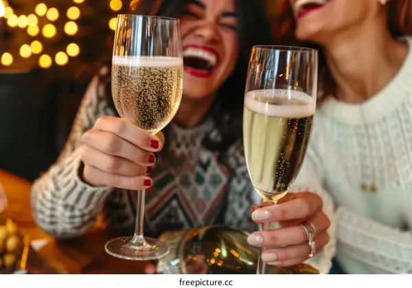 Two cheerful women celebrating with champagne