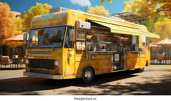 Yellow food truck parked in a vibrant city