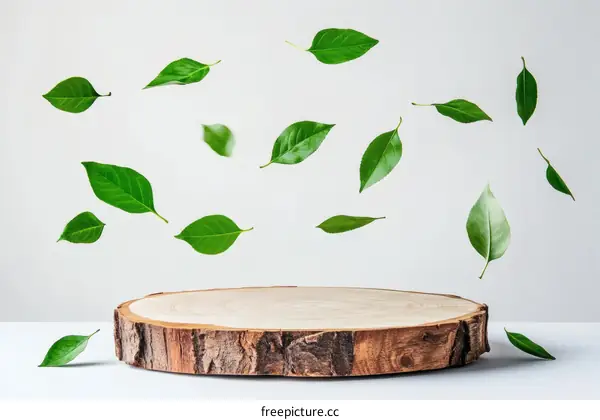 Floating Green Leaves on Wooden Slice Display