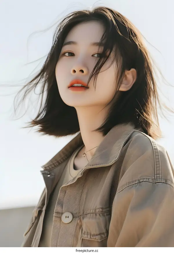 Portrait of a Young Woman with Short Brown Hair Wearing a Brown Jacket