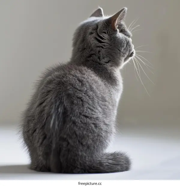 A Fluffy Gray Cat Sitting on a White Surface
