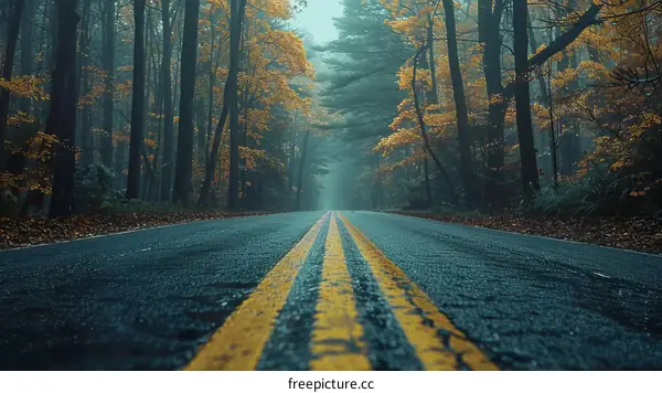 Misty Forest Road in Autumn
