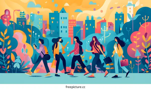 Colorful Illustration of People Walking in a City Park