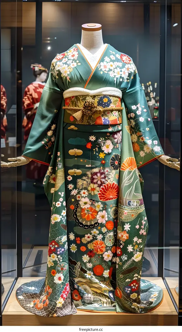 A mannequin wearing a green kimono with floral patterns