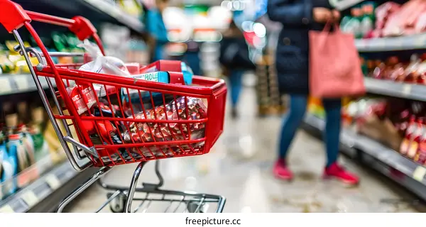 Red Shopping Cart Full of Groceries in Supermarket