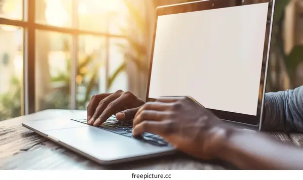 Black man using laptop in home office