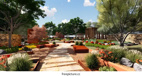 Landscaped Garden Design with Stone Walls and Wooden Pavilion