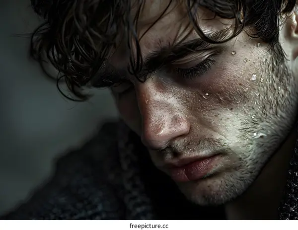 Portrait of a young man with water drops on his face