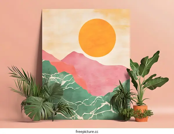 Abstract Mountain Landscape With Sun and Green Plants