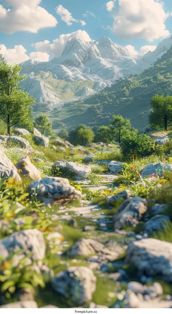 Scenic Mountain Path with Trees and Wildflowers