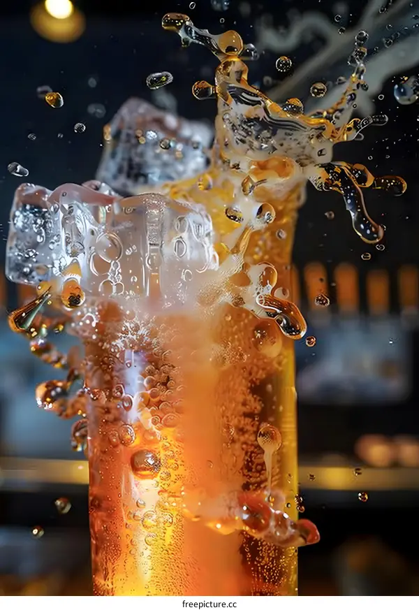 Close Up of Bubbles and Splashes in a Glass of Beer