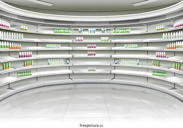 Empty Curved Super Market Shelves