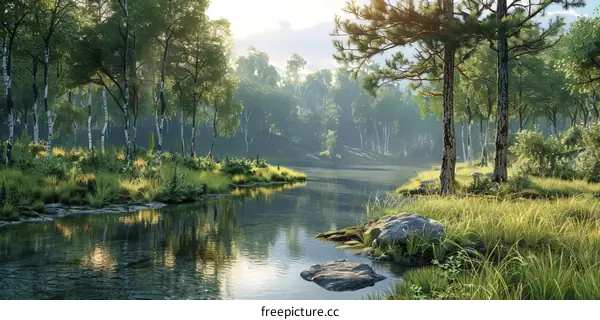 Sunlight Filters into Forest, Reflecting on River