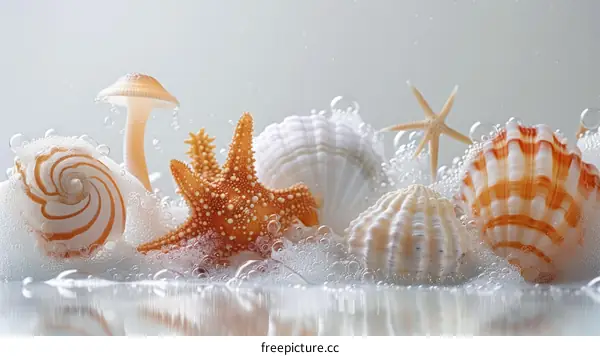 Orange starfish and seashells on a white background