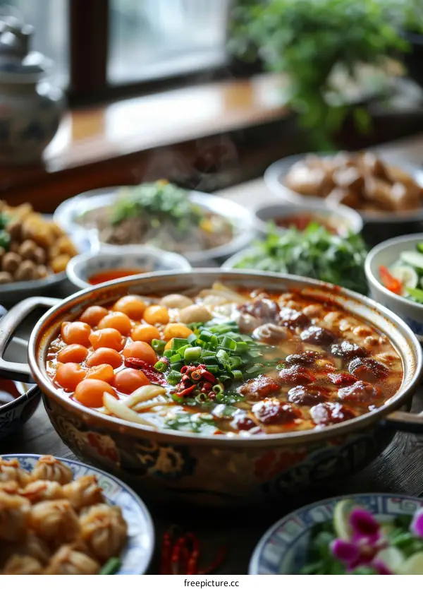 A delicious and nutritious meal of various types of food including soup, dumplings, and vegetables