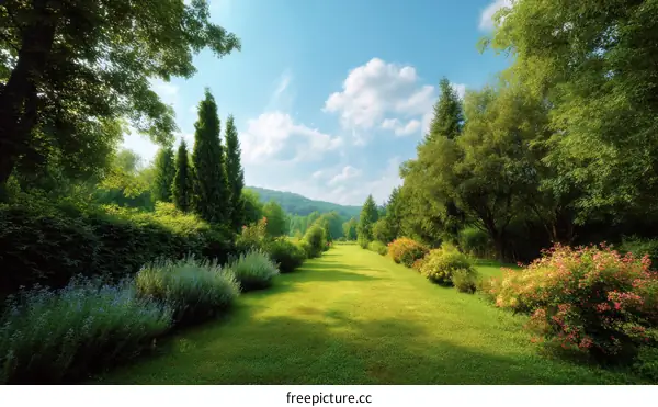 A Lush Green Garden Pathway Under Sunny Sky