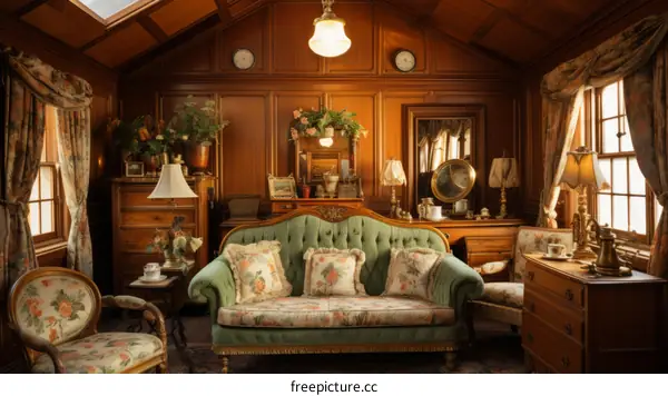 Elegant sitting room with green floral settee