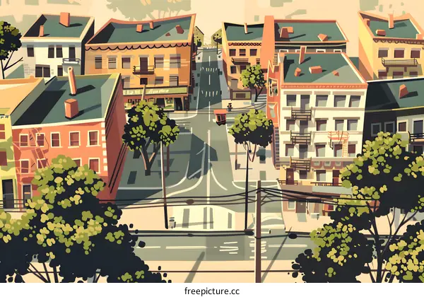 Colorful Illustration of Cityscape with Buildings and Trees