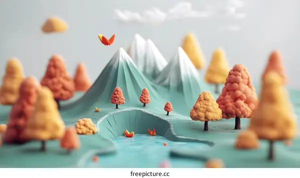 Miniature Landscape with Autumn Trees and Mountains
