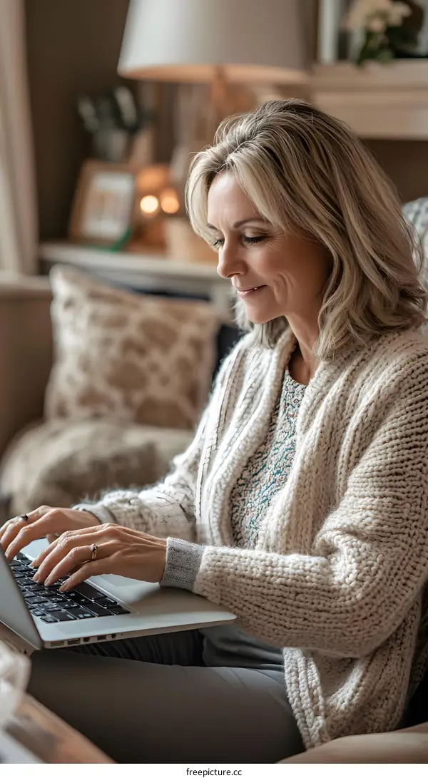Woman Using Laptop on Sofa in Living Room