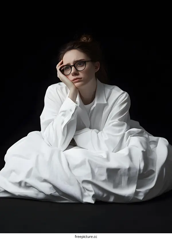 Woman in White Shirt Sitting on White Bed