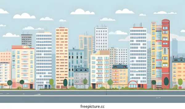 Cityscape Illustration with Buildings and Clouds