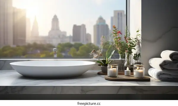 Bathroom interior with city skyline view and flowers