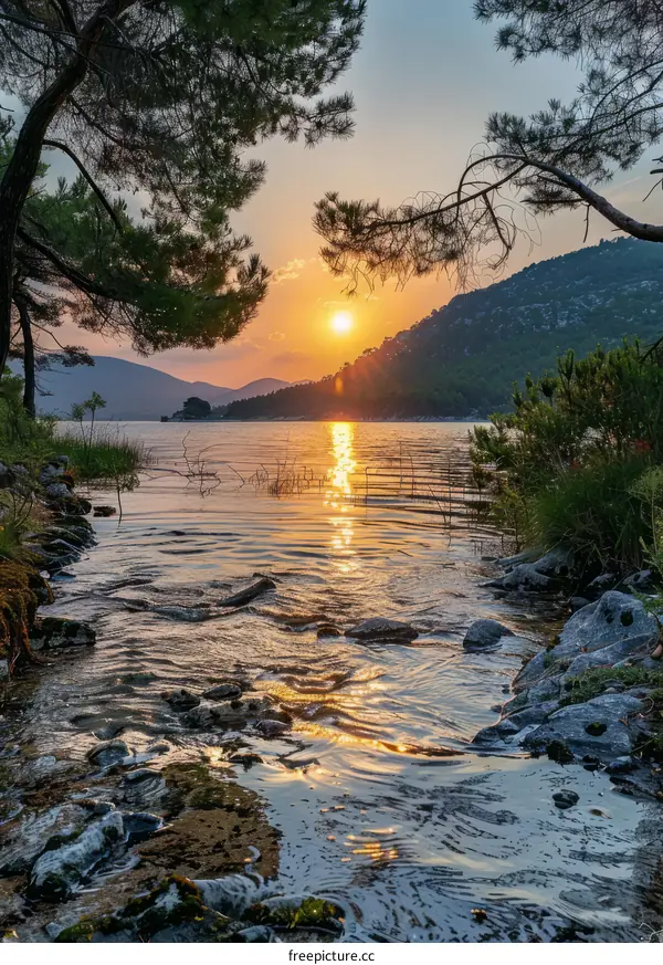 Sunset over a calm lake with a beautiful sky