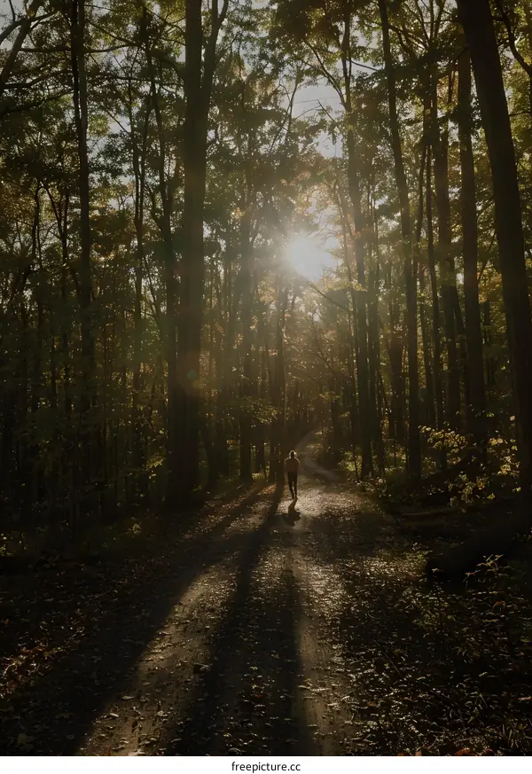 Person Walking Through Forest Path With Sun Rays