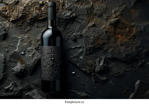 Black wine bottle on dark stone background