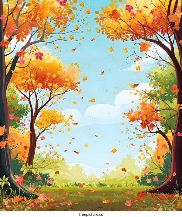 Autumn Forest Landscape with Colorful Leaves Falling