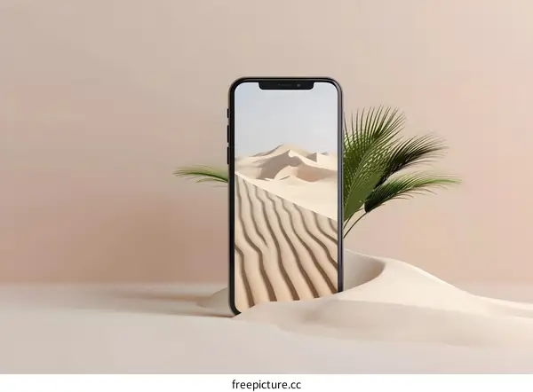 Minimalist 3D Render of Mobile Phone with Sand Dunes Wallpaper and Palm Tree