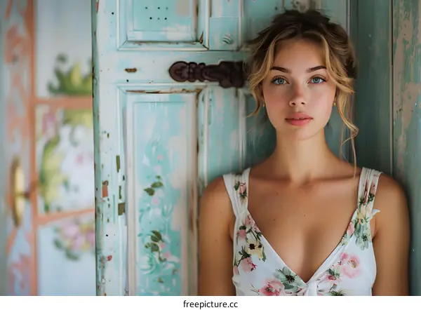Portrait of a young woman with blonde hair and blue eyes